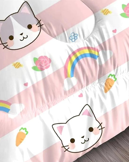 Cat Comforter Set Queen Size Pink Plaid Rainbow Bedding for Teen Girls Women Cloud Cute Boho Bedroom Dorm Quilt 1 Comforter + 2 Pillow Cases - LeafyLoom