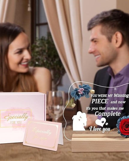 Yamonic Valentines Day Gifts for Her, Handmade Acrylic Plaque with Eternal Real Rose, Night Light with Preserved Rose Romantic Gifts for Girlfriend Wife Women (My Missing Piece) - LeafyLoom