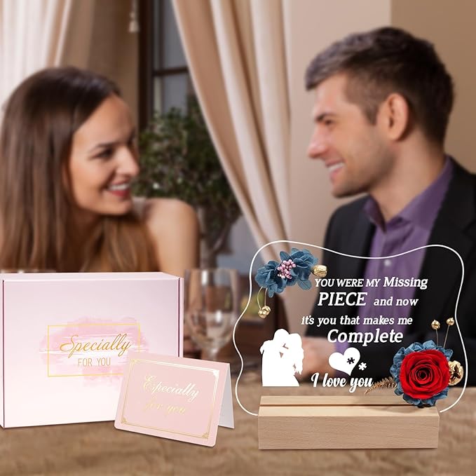 Yamonic Valentines Day Gifts for Her, Handmade Acrylic Plaque with Eternal Real Rose, Night Light with Preserved Rose Romantic Gifts for Girlfriend Wife Women (My Missing Piece) - LeafyLoom