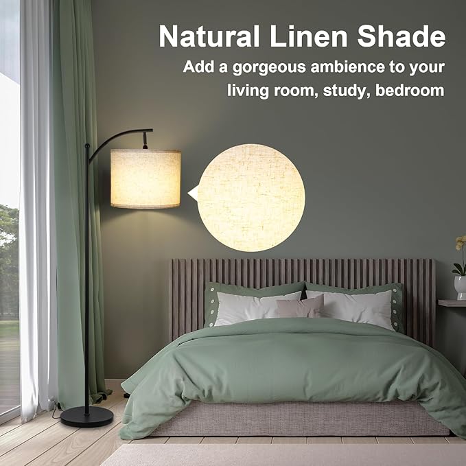Modern Floor Lamp, 3-Ways Dimmable Standing Lamp with Linen Shade, Adjustable Height, Foot-Step Switch, Reading Lamp for Living Room, Bedroom, Office, 9W Bulb Included (Black) - LeafyLoom