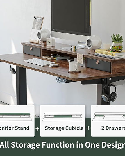 FEZIBO 55 x 24 Inch Height Adjustable Electric Standing Desk with Double Drawer, Stand Up Desk with Storage Shelf, Sit Stand Desk, Blcak Walnut - LeafyLoom