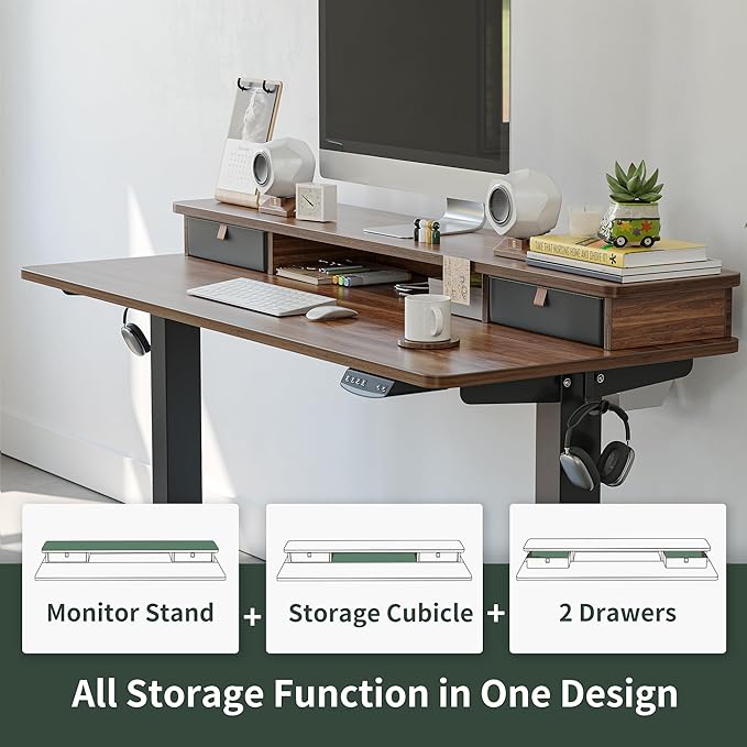 FEZIBO 55 x 24 Inch Height Adjustable Electric Standing Desk with Double Drawer, Stand Up Desk with Storage Shelf, Sit Stand Desk, Blcak Walnut - LeafyLoom