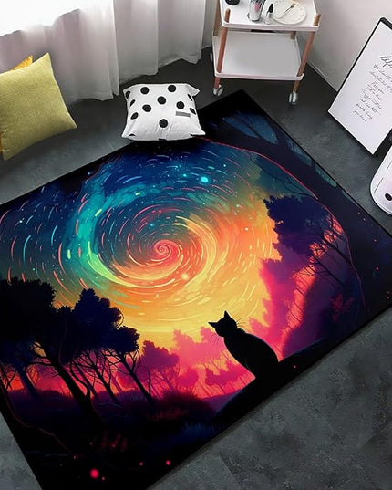 Moon Black Cat Rug - Mystical Stary Night Cat Rug for Kids Bedroom Colorful Black Cat Rug Decor Room Cat Door Mats Outdoor Entrance, 3x5 Feet - LeafyLoom