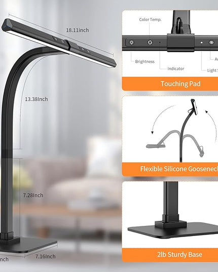 KableRika 12W LED Desk Lamp, Modern Architect Task Lamp with 6 Color Modes, Auto-Dimming, Eye-Care for Home Office, 18.1Inch Wide, 1.5m Cable, Aluminum Alloy, Black - LeafyLoom