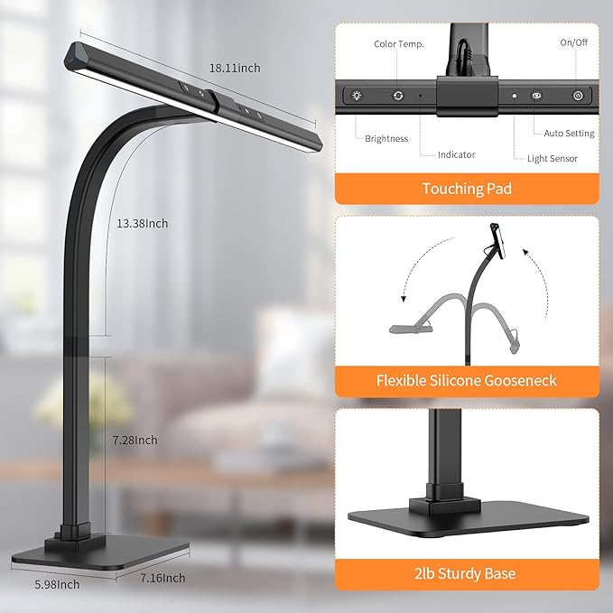 KableRika 12W LED Desk Lamp, Modern Architect Task Lamp with 6 Color Modes, Auto-Dimming, Eye-Care for Home Office, 18.1Inch Wide, 1.5m Cable, Aluminum Alloy, Black - LeafyLoom