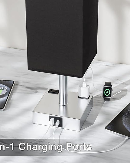 Touch Bedside Table Lamp For Nightstand - 3-Way Dimmable Night Lamp with USB A + Type C Charging Ports and two AC Outlets, Small Desk Light with E26 LED Bulb for Bedroom Living Room Dorm Office,BLACK - LeafyLoom