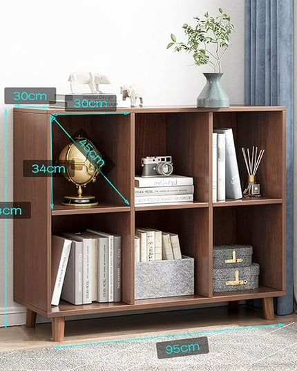 IOTXY Freestanding Open Cubes Bookcase - 2-Tier Floor Standing Wooden Storage Display Cabinet Organizer with Legs for Home Office, 6-Cubes Open Shelf Low Short Bookshelf, Walnut - LeafyLoom