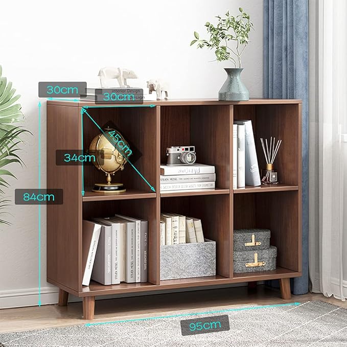 IOTXY Freestanding Open Cubes Bookcase - 2-Tier Floor Standing Wooden Storage Display Cabinet Organizer with Legs for Home Office, 6-Cubes Open Shelf Low Short Bookshelf, Walnut - LeafyLoom