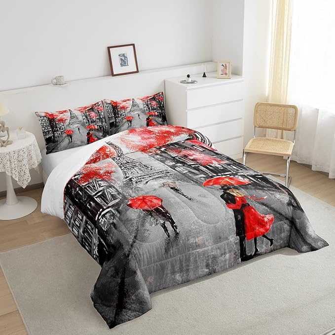 Eiffel Tower Comforter Set King Size for Girls Women Romantic Paris Street Bedding Sweet Couple Lover Red Flowers Floral Quilted Duvet French Style Down Comforter Chic Paris Cityscape Comforter - LeafyLoom