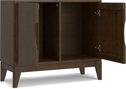 SIMPLIHOME Harper Solid Hardwood and Rubberwood 38 inch x 17 inch Rectangle Mid Century Modern 2 Door Sideboard Buffet/Storage Cabinet in Walnut Brown for The Dining Room and Kitchen - LeafyLoom