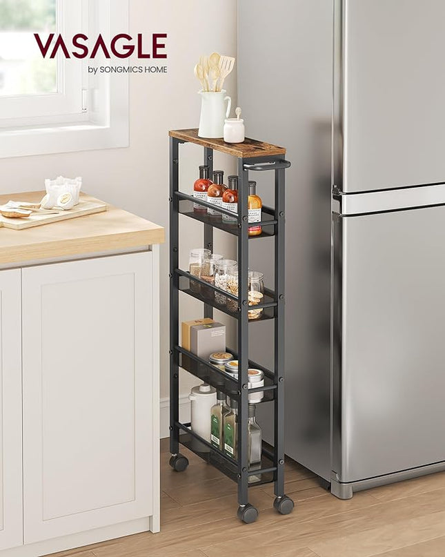 VASAGLE Slim Rolling Cart, 5-Tier Storage Cart, Narrow Cart with Handle, 5.1 Inches Deep, Metal Frame, for Kitchen, Dining Room, Living Room, Home Office, Rustic Brown and Black ULRC034B01 - LeafyLoom
