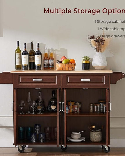 54" Rolling Kitchen Island on Wheels, Large Kitchen Island Cart with Storage Cabinet, Portable Wood Island Table for Kitchen with 2 Drawers and Spice Rack & Towel Rack, Rustic Brown - LeafyLoom