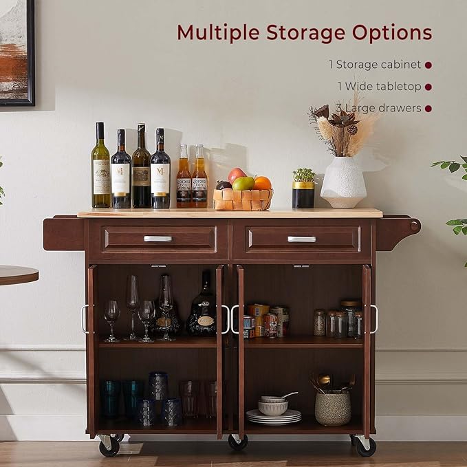 54" Rolling Kitchen Island on Wheels, Large Kitchen Island Cart with Storage Cabinet, Portable Wood Island Table for Kitchen with 2 Drawers and Spice Rack & Towel Rack, Rustic Brown - LeafyLoom