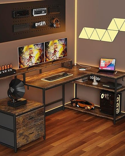 L Shaped Home Office Desk with File Drawes, Gaming Desk with Led Lights & Power Outlets, Reversible Office Desk Rustic Brown - LeafyLoom