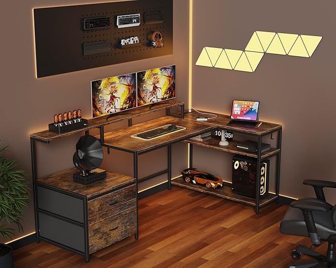 L Shaped Home Office Desk with File Drawes, Gaming Desk with Led Lights & Power Outlets, Reversible Office Desk Rustic Brown - LeafyLoom