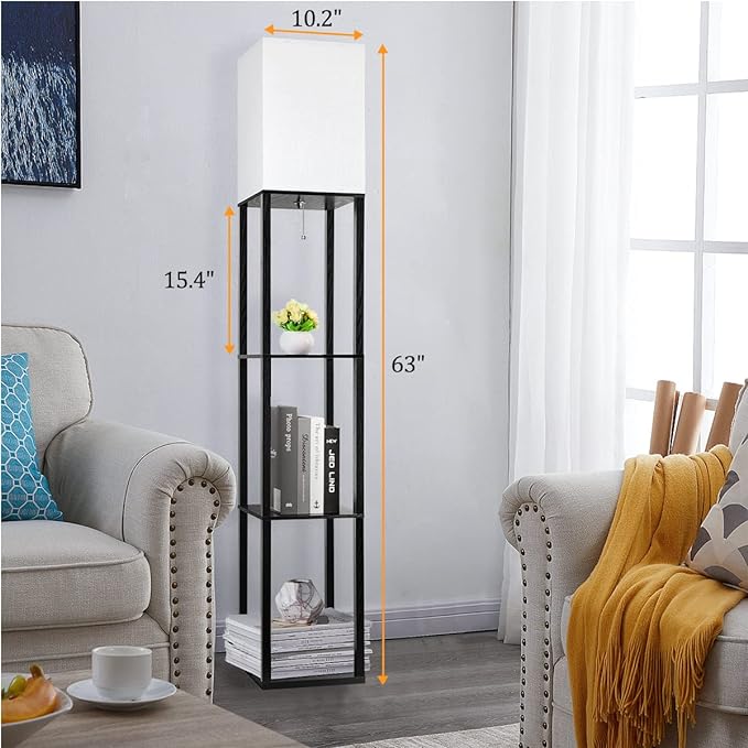 Dott Arts Floor Lamp with Shelves, Floor Lamps for Living Room Decor Display Shelf Lamps with 3 Color LED Bulb, Modern Floor Lamp for Bedroom Standing Lamp for Living Room Office,Home Decor（Black） - LeafyLoom
