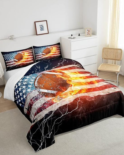 Boys American Football Comforter Set, United States Flag Down Comforter King Size, Soccer Sports Games Bedding Set for Kids Teens Adult Men, Geometric Stripes Retro Duvet Sets, Blue White and Red - LeafyLoom