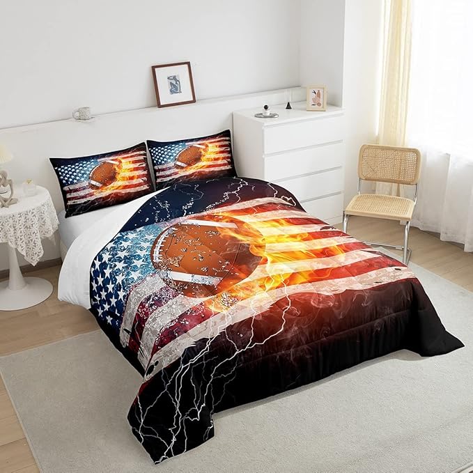 Boys American Football Comforter Set, United States Flag Down Comforter King Size, Soccer Sports Games Bedding Set for Kids Teens Adult Men, Geometric Stripes Retro Duvet Sets, Blue White and Red - LeafyLoom