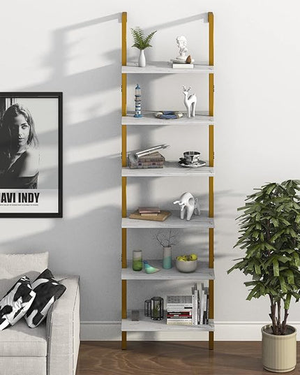 Ladder Shelf 6 Tiers Marble White Modern Bookshelf Open Tall Wall Mount Bookcase Standing Leaning Wall Shelves Industrial Decorative Living Room Bed Room - LeafyLoom