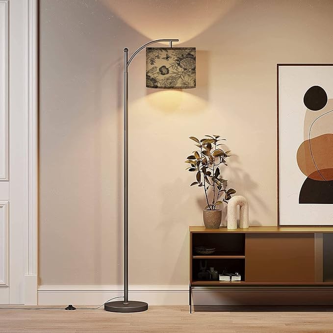 Modern Arc Floor Lamp with Dimmer Mid Century Luxury for creating textiles paper Seamless garden flowers peonies Metal Standing Lamp with Linen Shade Footswitch for Living Room Bedroom Office - LeafyLoom