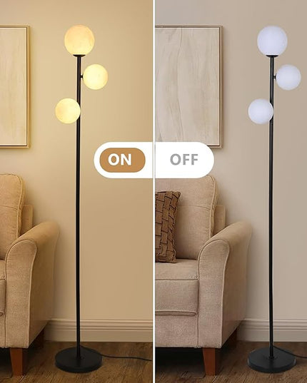 3 Globe Floor Lamps for Living Room, Black Standing Lamp with LED G9 Bulbs, Modern Floor Lamp with 3D Moon Printing Frosted Shades, 67" Corner Tall Lamp for Bedroom, Stand Up Lamp for Office Kids Room - LeafyLoom