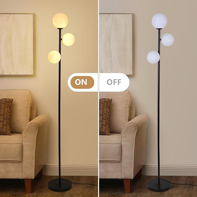 3 Globe Floor Lamps for Living Room, Black Standing Lamp with LED G9 Bulbs, Modern Floor Lamp with 3D Moon Printing Frosted Shades, 67" Corner Tall Lamp for Bedroom, Stand Up Lamp for Office Kids Room - LeafyLoom
