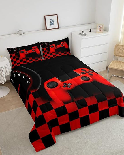 Erosebridal Gamer Bedding Sets for Boys，Gaming Comforter Sets King for Kids Teen Boys Gamer Room Decor,Video Game Gamepad Duvet Insert,Plaid Check Grid Artwork Down Comforter 3pcs,Black Red - LeafyLoom