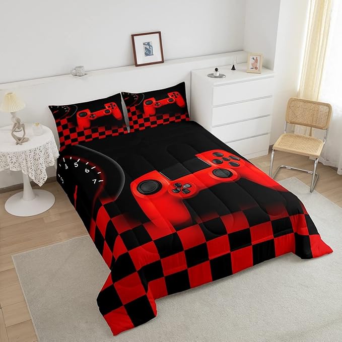 Erosebridal Gamer Bedding Sets for Boys，Gaming Comforter Sets King for Kids Teen Boys Gamer Room Decor,Video Game Gamepad Duvet Insert,Plaid Check Grid Artwork Down Comforter 3pcs,Black Red - LeafyLoom
