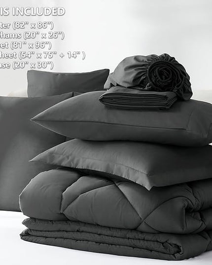 CozyLux Full Comforter Set with Sheets 7 Pieces Bed in a Bag Dark Grey All Season Bedding Sets with Comforter, Pillow Shams, Flat Sheet, Fitted Sheet and Pillowcases - LeafyLoom