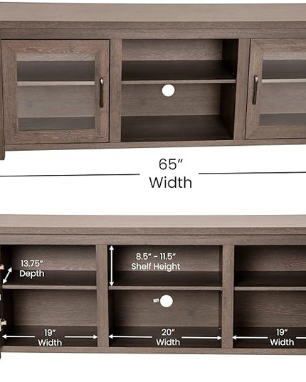 Flash Furniture Sheffield TV Stand up to 80" TVs - Modern Black Wash Finish & Full Glass Doors - 65" Engineered Wood Frame - 3 Height Adjustable Shelves - LeafyLoom