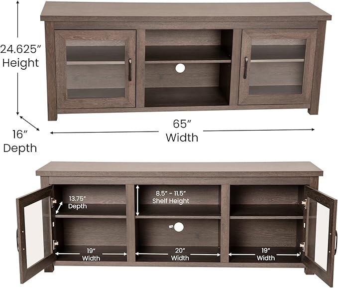 Flash Furniture Sheffield TV Stand up to 80" TVs - Modern Black Wash Finish & Full Glass Doors - 65" Engineered Wood Frame - 3 Height Adjustable Shelves - LeafyLoom