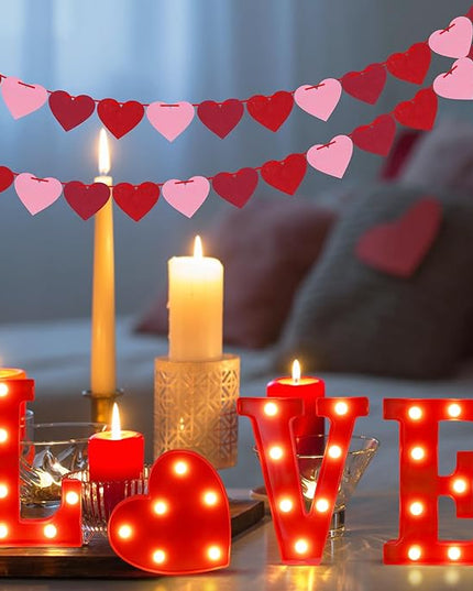 Tifeson Valentines Day Decor - 4 Led Marquee Light Up Letters “Love” Lights + 2 Packs Felt Heart Garland Banners for Home Valentines Table Mantel Wedding Party Decorations (Batteries Not Included) - LeafyLoom