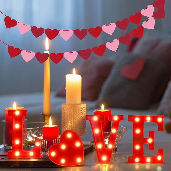 Tifeson Valentines Day Decor - 4 Led Marquee Light Up Letters “Love” Lights + 2 Packs Felt Heart Garland Banners for Home Valentines Table Mantel Wedding Party Decorations (Batteries Not Included) - LeafyLoom