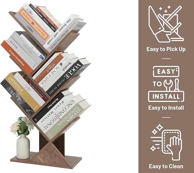 Labcosi 5 Tier Tree Bookshelf, Floor Standing Wood Tree Bookcase, Book Storage Rack for Books/CDs, Book Organizer Shelves for Home Office, Bedroom, Living Room - LeafyLoom