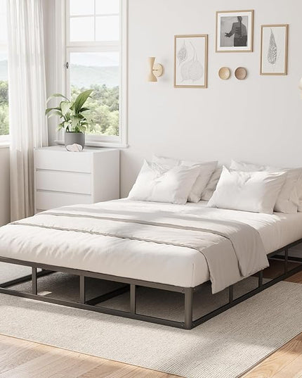 Queen Bed Frame, 9 Inch High Metal Box Spring with More Steel Slats Support, Sturdy Platform Bedframe Low to Floor, 3500 Lbs Weight Capacity Heavy Duty Mattress Base, Easy Assembly, Black - LeafyLoom