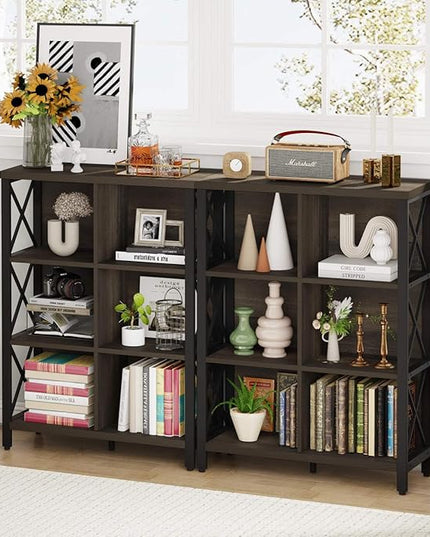 FATORRI 6 Cube Storage Organizer Shelf, Rustic Wood and Metal Cubby Bookcase, Industrial 4 Tier Cube Bookshelf (Walnut Brown) - LeafyLoom