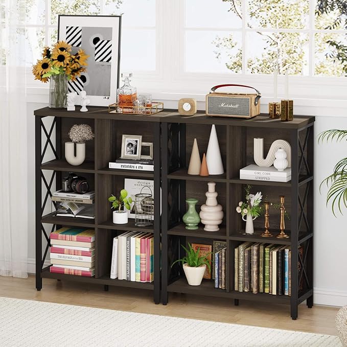 FATORRI 6 Cube Storage Organizer Shelf, Rustic Wood and Metal Cubby Bookcase, Industrial 4 Tier Cube Bookshelf (Walnut Brown) - LeafyLoom