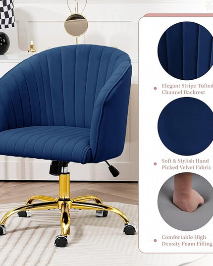 ROWHY Comfy Office Desk Chair, Velvet Swivel Desk Chairs with Wheels, Modern Office Computer Chair with Gold Base, Adjustable Wide Vanity Rolling Chair for Bedroom, Study, Navy Blue - LeafyLoom