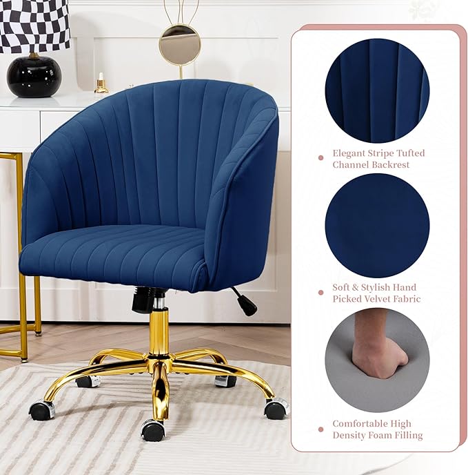 ROWHY Comfy Office Desk Chair, Velvet Swivel Desk Chairs with Wheels, Modern Office Computer Chair with Gold Base, Adjustable Wide Vanity Rolling Chair for Bedroom, Study, Navy Blue - LeafyLoom