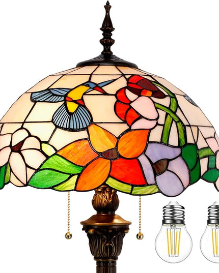 WERFACTORY Tiffany Floor Lamp Hummingbird Amber Stained Glass Standing Reading Light 16X16X64 Inches Antique Pole Corner Lamp Decor Bedroom Living Room Home Office S101 Series - LeafyLoom