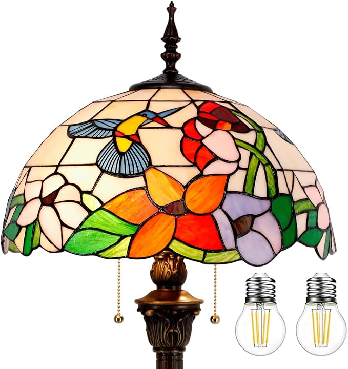 WERFACTORY Tiffany Floor Lamp Hummingbird Amber Stained Glass Standing Reading Light 16X16X64 Inches Antique Pole Corner Lamp Decor Bedroom Living Room Home Office S101 Series - LeafyLoom
