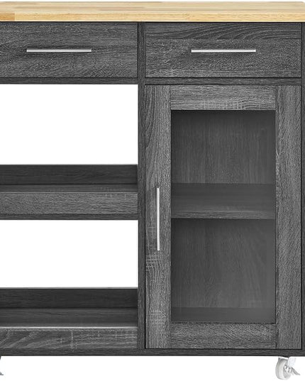 Modway Culinary Rolling Kitchen Cart with Storage in Charcoal Natural - 3 Tiers Kitchen Island on Wheels with Towel Bar, Functional as a Coffee Station, Bar Cabinet or Butcher Block Island - LeafyLoom