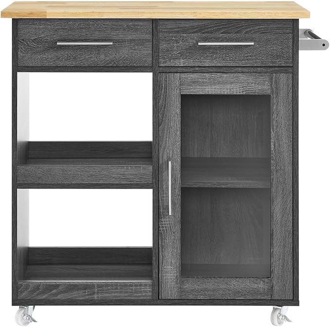 Modway Culinary Rolling Kitchen Cart with Storage in Charcoal Natural - 3 Tiers Kitchen Island on Wheels with Towel Bar, Functional as a Coffee Station, Bar Cabinet or Butcher Block Island - LeafyLoom