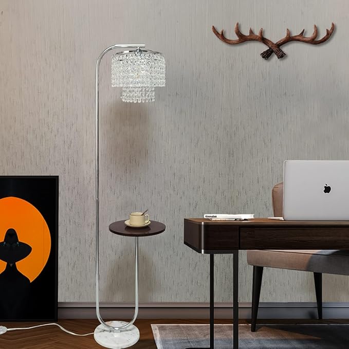 Hsyile Arc Crystal Floor Lamp for Living Room - Marble Base Modern Tall Stand Up Light with Table,Contemporary Over The Couch Chrome Lamp Standing Lamps for Bedroom Office Living Room - LeafyLoom