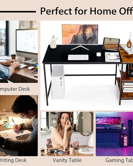 Multifunctional Computer Desk, Industrial Study Writing Desk w/Removable Storage Shelf, Heavy-Duty Metal Frame, 55 Inch Desk for Home Office, Gaming Room, Bedroom (Black) - LeafyLoom