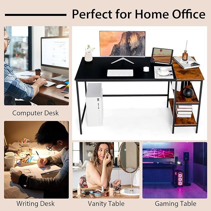 Multifunctional Computer Desk, Industrial Study Writing Desk w/Removable Storage Shelf, Heavy-Duty Metal Frame, 55 Inch Desk for Home Office, Gaming Room, Bedroom (Black) - LeafyLoom