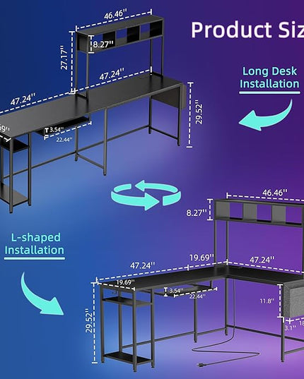 Shintenchi 66" L Shaped Home Office Desk, Reversible Gaming Desk with LED Lights and Power Outlet, Computer Desk with Keyboard Tray, Hook, Storage Bag and Shelf for Home Office, Black - LeafyLoom