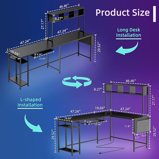 Shintenchi 66" L Shaped Home Office Desk, Reversible Gaming Desk with LED Lights and Power Outlet, Computer Desk with Keyboard Tray, Hook, Storage Bag and Shelf for Home Office, Black - LeafyLoom