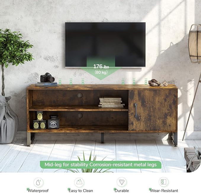 Novilla Media Console, TV Stand for TV's up to 58" Flat Screen Living Room Storage Cabinet Doors and Shelves Entertainment Center, 53 Inches, Brown - LeafyLoom