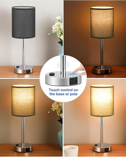 Innqoo Black Touch Bedside Lamps Set of 2-3 Way Dimmable Bedroom Lamps with USB C and A Ports and Outlets, Modern Nightstand Lamp with Silver Base, Small Table Lamps for Boy Nursery - LeafyLoom